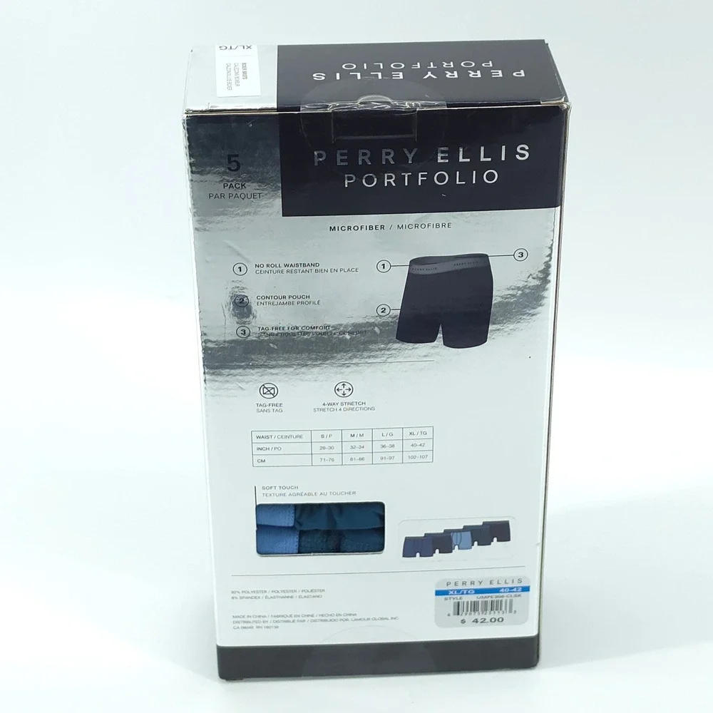 Perry Ellis Mens 5 Pack Boxer Briefs Microfiber Blue XL 40-42 4-Way Stretch